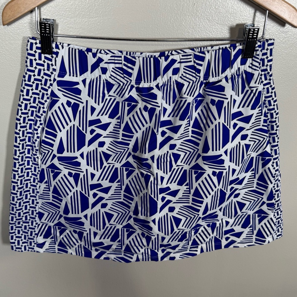 J. McLaughlin Sz M Blue White Catalina Cloth Elastic Waist Zip Pocket Golf Skort